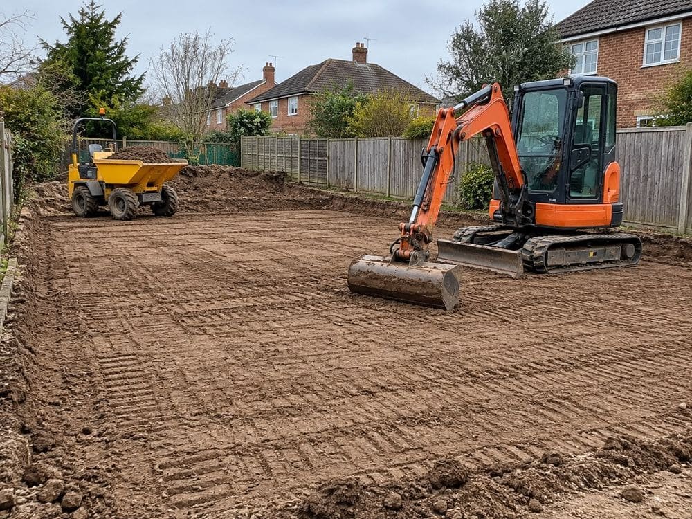 Mini digger and tracked dumper levelling excavated ground in a back garden
